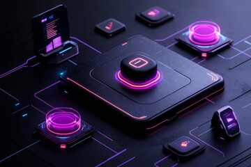 Poster - A cyberpunk-style business office with high-tech devices, dark neon colors, and holographic displays, showing the edgy side of future business