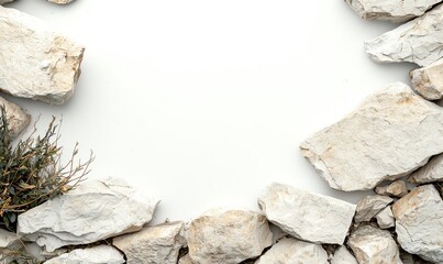 Poster - A textured arrangement of white stones forming a circular frame against a plain background, highlighting natural elements and simplicity.