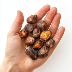 A handful of roasted chestnuts, isolated on a white background, highlighting a traditional winter snack