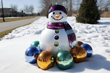 Poster - A fantasy snowman with colorful, floating ornaments around it and shimmering frost on its scarf, set in an enchanted snowy landscape