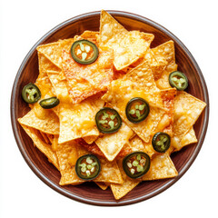 Wall Mural - A plate of classic nachos with melted cheese and jalapeÃ±os, isolated on a white background, showcasing a fun snack