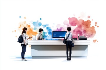 Poster - A gentle watercolor of a futuristic business scene, with soft lines and colorful accents showing tech-driven collaboration
