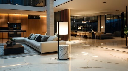 Wall Mural - Modern Floor Lamp with Marble Base in an Open-Plan Living Area Warm White Light Highlighting a Contemporary Design