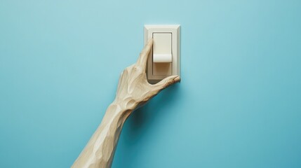 Poster - Wooden hand reaching for a light switch on a blue background