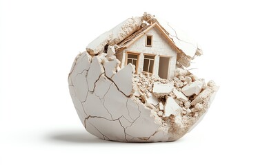 Poster - A miniature house emerges from a cracked, broken egg shell, symbolizing fragile structures and new beginnings in architecture and housing.