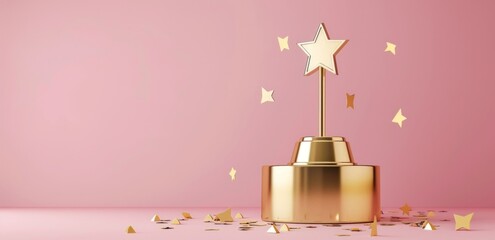 Wall Mural - golden star trophy on pink background with scattered star confetti