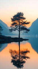 Wall Mural - Pine Tree Reflection at Sunset, serene lake, tranquil atmosphere, vibrant sunset colors, silhouette, peaceful nature scene