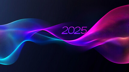 Poster - An abstract wave of blue and pink light against a dark background with the year 2025 displayed in the center