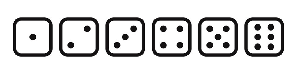 Fototapete - Dices icons set. Dice Faces, Diceline icons collection. Traditional die with six faces of cube marked with different numbers of dots or pips. Vector illustration.