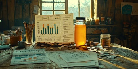 Poster - A detailed monthly budget spread across a table, filled with colorful charts showing income and expenses, surrounded by coins, receipts, and financial papers.