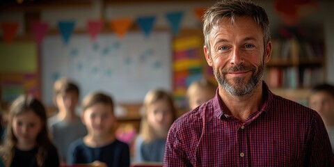 Aufkleber - A teacher at the front of the classroom, writing on a whiteboard as students engage with notebooks, laptops, and a projector showing a vibrant lesson, demonstrating dynam