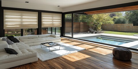 Poster - A sleek, contemporary living room where smart devices like lights, blinds, and thermostats are effortlessly managed through a smartphone app, exemplifying cutting-edge ho