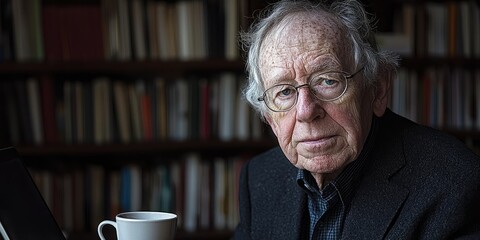 Aufkleber - An older adult at home, wearing glasses and attending an online course, surrounded by notes, a laptop, and a coffee cup, embodying a commitment to lifelong learning.