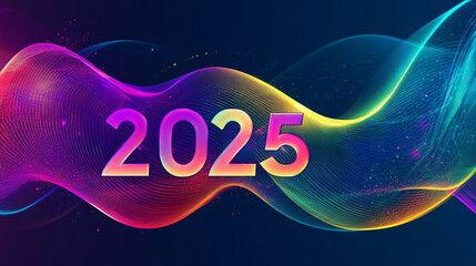 Aufkleber - The year 2025 is shown in a colorful, abstract design with a wavy background