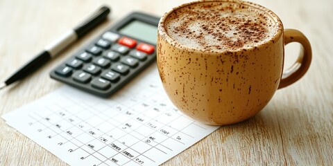 Poster - A neat desk displaying a planner, pen, calculator, and an organized budget sheet, with a steaming coffee cup symbolizing a well-managed financial routine.