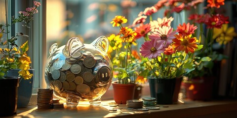 Poster - A clear piggy bank gradually filling with coins and bills, set by a sunny window with vibrant houseplants nearby.