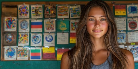 Aufkleber - A teacher in front of a classroom adorned with cultural flags and symbols, teaching about global citizenship and diversity, promoting understanding and inclusion.