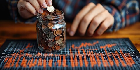 Poster - A hand dropping coins into a savings jar beside a chart that tracks progress toward goals, symbolizing growth and financial discipline.