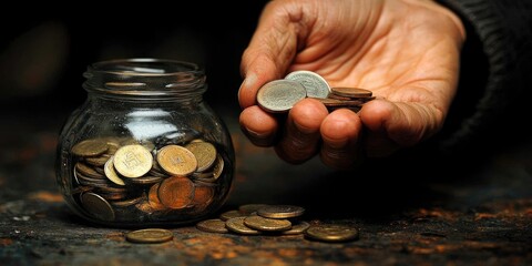 Leinwandbilder - A hand dropping coins into a savings jar beside a chart that tracks progress toward goals, symbolizing growth and financial discipline.