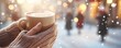 © Jiraphiphat - A close-up of hands holding a hot cup of cocoa, while carolers sing in the background near a snow-covered street
