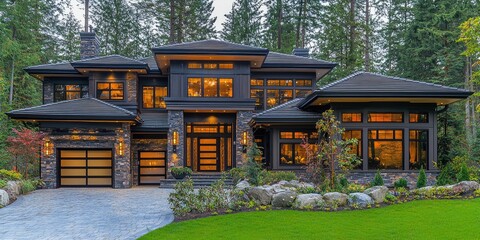 Poster - A modern house featuring a video doorbell that enables the homeowner to communicate with visitors through their smartphone, while cameras monitor the outer perimeter for