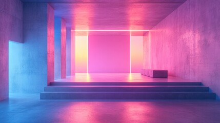 Poster - A modern, illuminated interior space with vibrant pink and blue lighting.