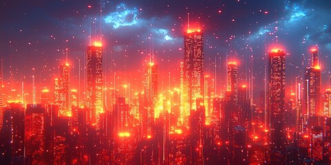 Poster - A futuristic cityscape representing sectors like real estate and tech, connected by glowing data points symbolizing financial transactions.