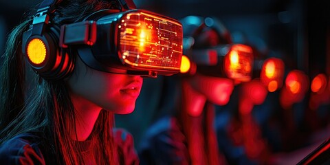 Aufkleber - A futuristic classroom where students explore a 3D solar system model using virtual reality headsets, guided by a teacher with a digital tablet for interactive learning.