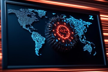 Poster - Detailed image of a global threat map on a large digital screen, showing accurate data locations and threat zones