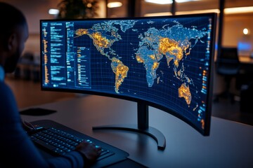Poster - Detailed image of a global threat map on a large digital screen, showing accurate data locations and threat zones