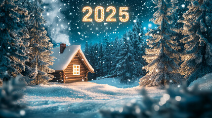 Poster - A cozy cabin sits in a snowy forest under a night sky, illuminated by the glow of the 2025 sign in the distance