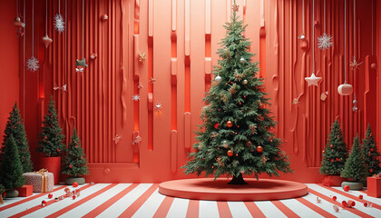 Poster - Christmas tree on the podium in 3D interior. Winter holidays greeting card with Christmas tree room