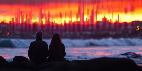 Poster - A serene beach at sunset where an older couple enjoys retirement, with a faint overlay of their past savings chart blending into the sky.