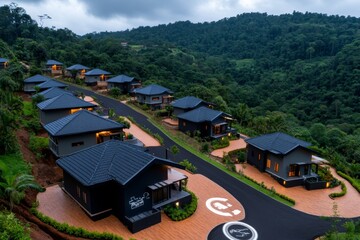 Holographic interface showing affordable housing plans in a rural setting, symbolizing high-tech rural development