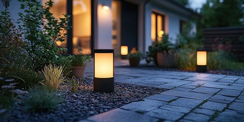 Poster - A futuristic residence with motion-activated smart lighting that illuminates only occupied areas, providing gentle, automatic lighting for easy nighttime navigation.
