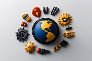 Poster - Simple drawing of cyber threat symbols around a globe, on a white background, representing global tracking
