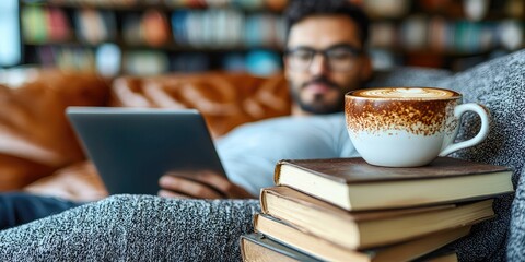 Aufkleber - An adult learner in a quiet study space at home, with a stack of books, a laptop, and a coffee cup, working on self-paced coursework or research.