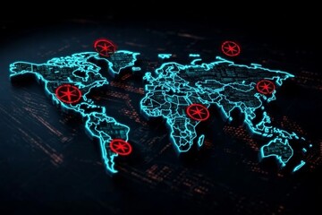 Poster - Watercolor of a digital world map with soft colors and red threat icons, blending technology with artistic style