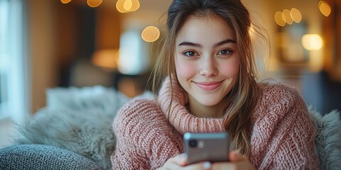 Aufkleber - A person engaged in language learning on their phone, sitting comfortably in their living room, fully focused on independent study.