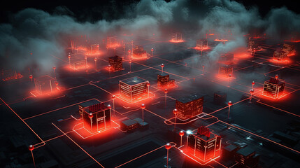 Poster - Concept of a digital city with cloud connections. Futuristic network in the clouds