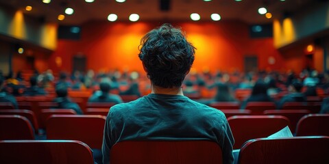 Aufkleber - An adult student attending an evening class, focused on notes, while a professor teaches in a softly lit lecture hall, showing dedication to balancing work and study.