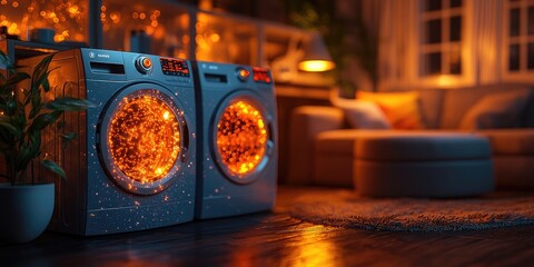 Poster - A smart laundry room where the washing machine and dryer send alerts to a smartphone when their cycles are complete, emphasizing convenience and efficiency in daily chore