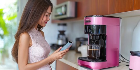 Poster - An individual using a smart coffee maker controlled by their smartphone to brew coffee from bed or on the way home, enhancing morning convenience and enjoyment.