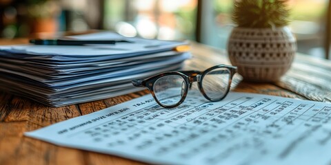Leinwandbilder - A desk with a stack of tax documents on one side and neatly organized, color-coded tax folders on the other, with someone smiling after finishing their tax filing.