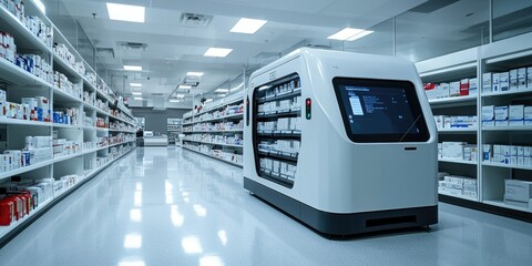 Automated Pharmacy System: An automated pharmacy system utilizing robots for medication dispensing and inventory management, illustrating efficiency and accuracy in healt