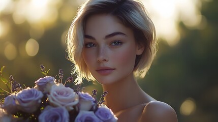 Poster - Photography of a woman holding a large bouquet of lavender roses, looking into the distance with a serene expression, 4k resolution, Plain background, cinematic scene
