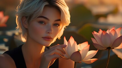 Poster - Photography of a woman surrounded by pink lotus flowers, her hands resting gently on one, her expression peaceful and reflective, 4k resolution, Plain background, cinematic scene