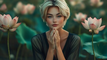 Poster - Photography of a woman surrounded by pink lotus flowers, her hands resting gently on one, her expression peaceful and reflective, 4k resolution, Plain background, cinematic scene