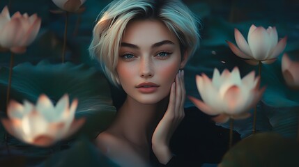 Poster - Photography of a woman surrounded by pink lotus flowers, her hands resting gently on one, her expression peaceful and reflective, 4k resolution, Plain background, cinematic scene