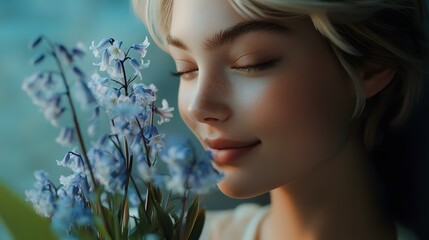 Poster - Photography of a woman cradling a bouquet of bluebells, her face close to the delicate blue flowers, smiling softly, evoking a peaceful atmosphere, 4k resolution, Plain background, cinematic scene